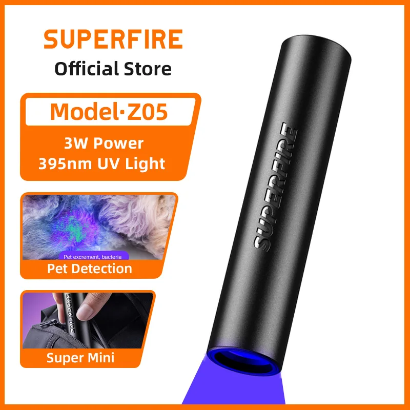 

2025 SUPERFIRE Z05 3W Protable UV Flashlight Mini 395nm Ultraviolet Torch USB Detector for Dog Urine Pet Stain and Bed Bug Light