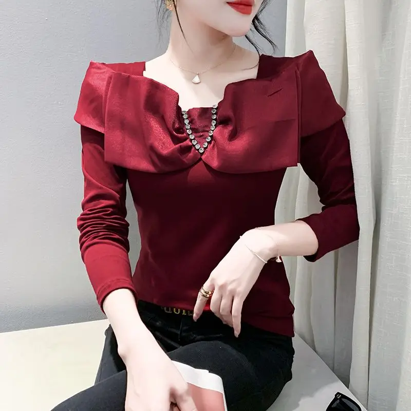 Women\'s Clothing 2024 Spring Autumn Bow Rhinestone Elegant Chic Basic T-shirts Korean Fashion Sexy Solid Long Sleeve Slim Tops