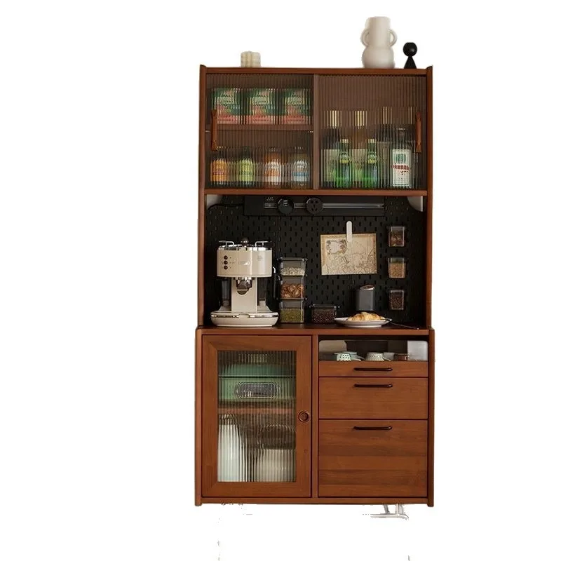 Solid wood sideboard, home kitchen integrated wall-walled wine cabinet, tea cabinet, retro perforated board storage cabinet