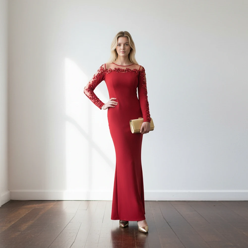 

Elegant Mother of the Bride Dresses for Women Full Sleeve O Neck A Line Prom Dress for Wedding Guest Dress Elegant Party Gowns