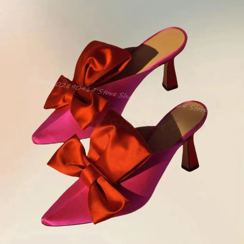 

Mixed Color Silk Bow Knot Decor Pointed Toe Slippers Slip On Women Shoes Thin High Heels Fashion Party 2025 Zapatos Para Mujere
