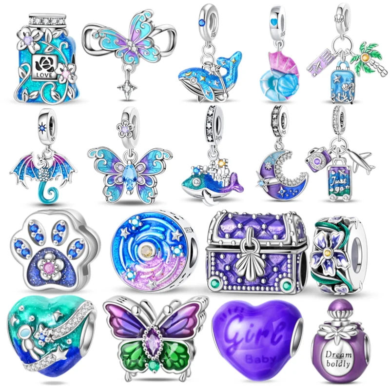 

Silver 925 Original Colorful Butterfly Charms Chameleon Travel Perfume Heart Charm Bead For 3mm Bracelet Women Fine Jewelry Gift