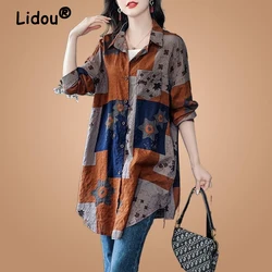 Dames Kleding Koreaanse Vintage Print Katoenen Linnen Single Breasted Shirt Herfst Lange Mouw Losse Blouse Y 2K Streetwear Tuniek Tops