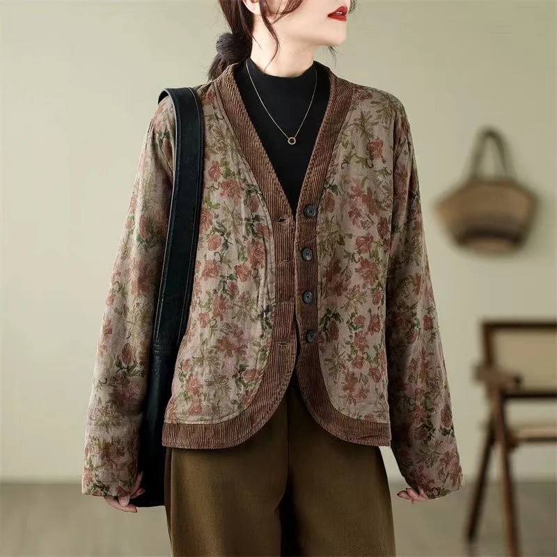 Literary Vintage Floral Short Women Outerwear Coat 2024 New Autumn Winter Casual Loose Female Cotton-Padded Parka Jackets