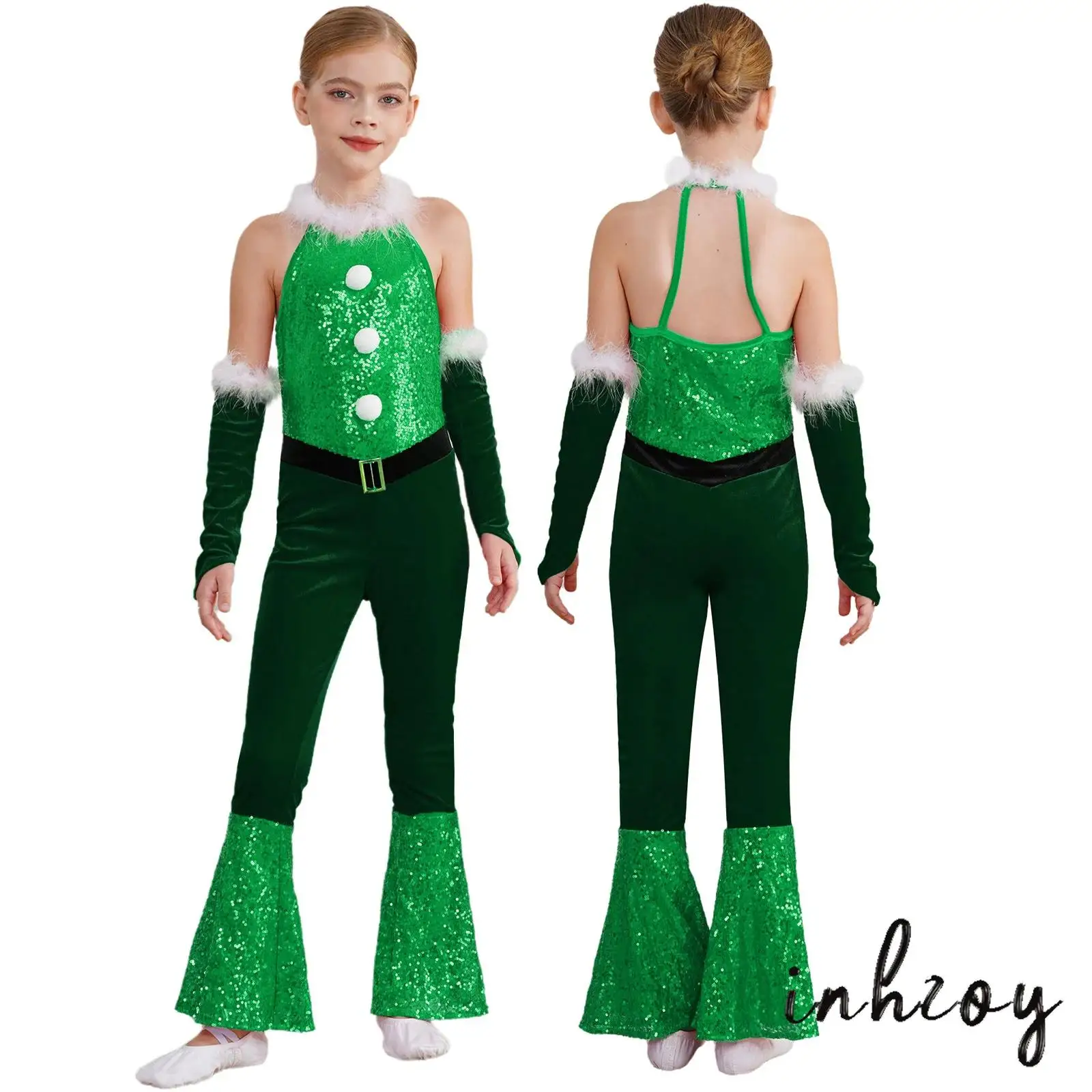 

Children Girls Christmas Costume One Piece Sleeveless Velvet Bodysuit Jumpsuit with Arm Sleeve Set for Xmas Princess Dress Up