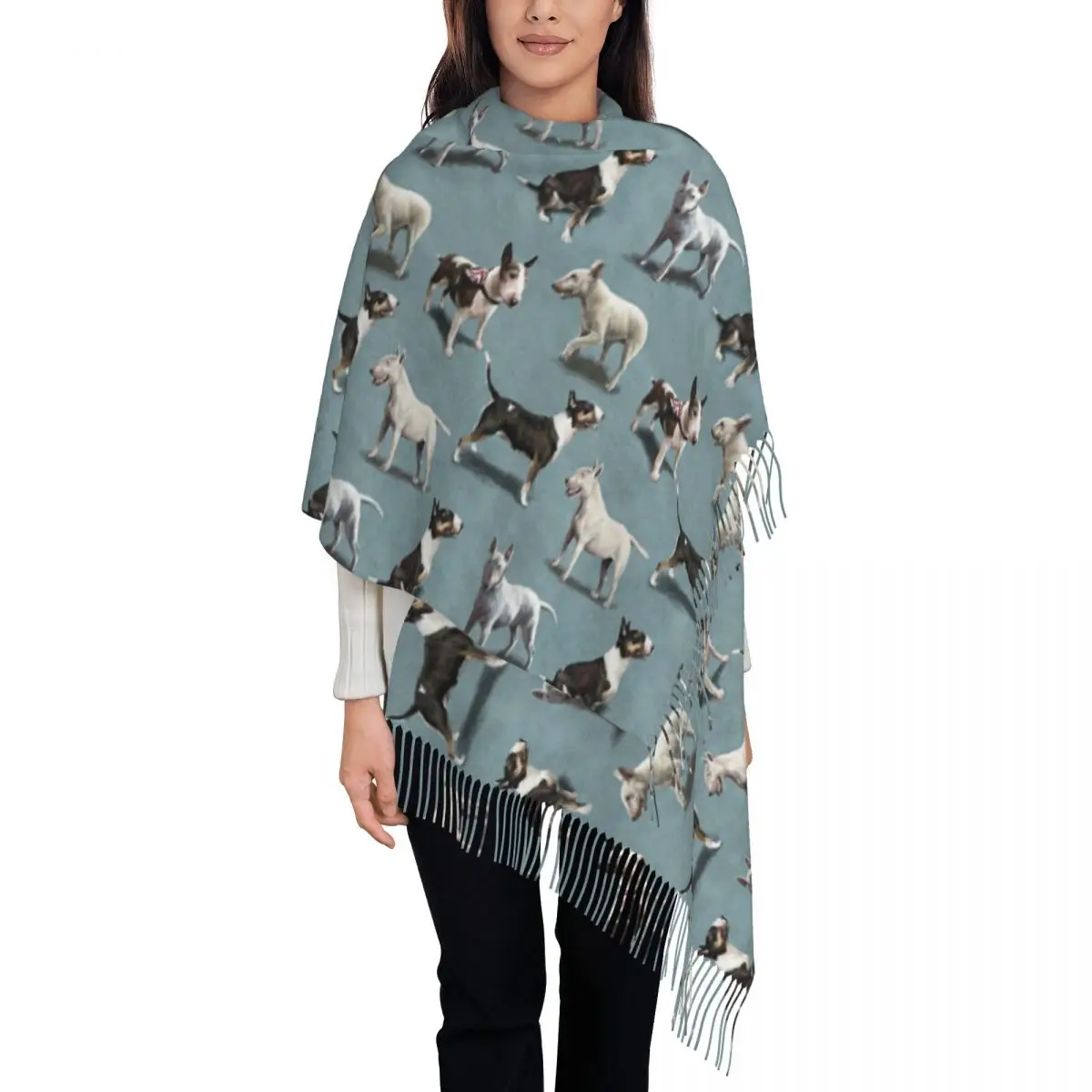 Womens Tassel Scarf The Bull Terrier Dog Large Winter Warm Shawl Wrap Animal Cute Cartoon Daily Wear Cashmere Scarf