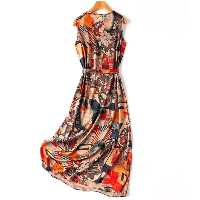 Women Silk Dress 92% Mulberry Silk 8% Spandex 20 Momme Colorful Printed Sleeveless Tank Dress O neck Luxury Midi Dress M1162