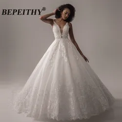 BEPEITHY Customized Deep V Neck Lace Wedding Dress 2025 For Women Indian Bride Princess Ivory Bridal Bouquet Gown Sleeveless