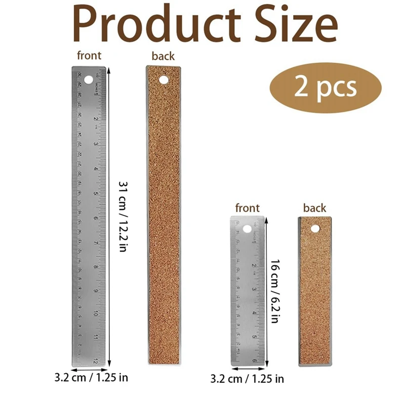 Stainless Steel Cork Back Metal Ruler, 6 Inch 12 Inch Straight Edge Cork Base Rulers, Metal Ruler Cork Backed