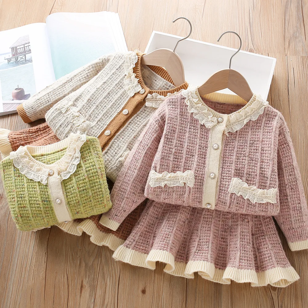 

Children's Clothing 0-6 Year Old Girls' Korean Knitted Elegance Two Piece Set Long Sleeve Cardigan Top+Cute pleated Short Skirt