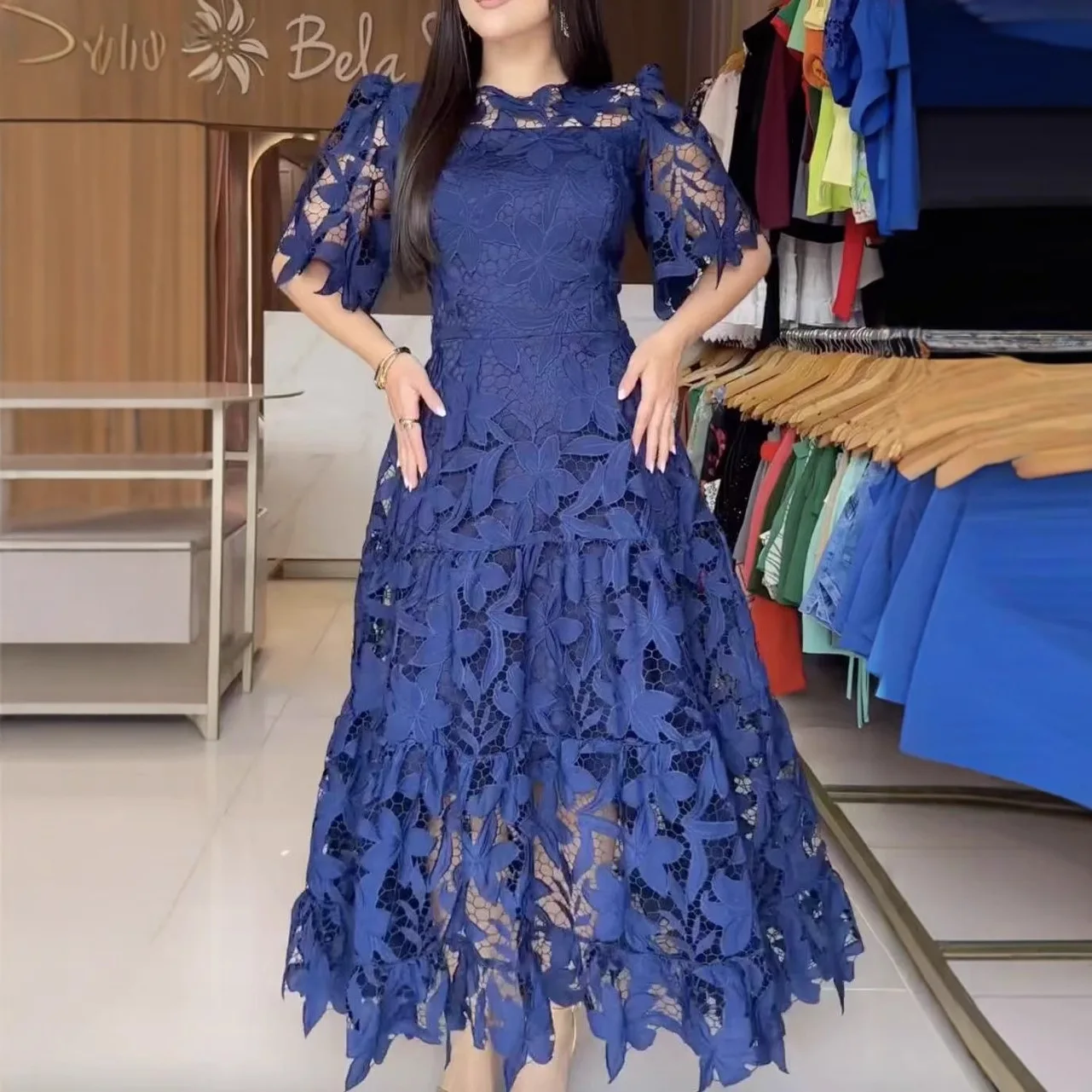 

Summer New round Neck Hollow out Lace Dress Women's Cross-Border High Waist Street Style Short Sleeve Thick Bodycon Dress