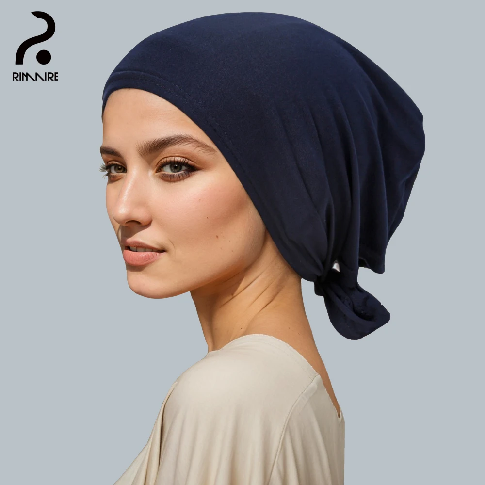 RIMAIRE-Turban intérieur doux bleu marine pour femme, hijab musulman, chapeau chaud, sous-casquettes, écharpe de sauna, bandeau, haute qualité, plus