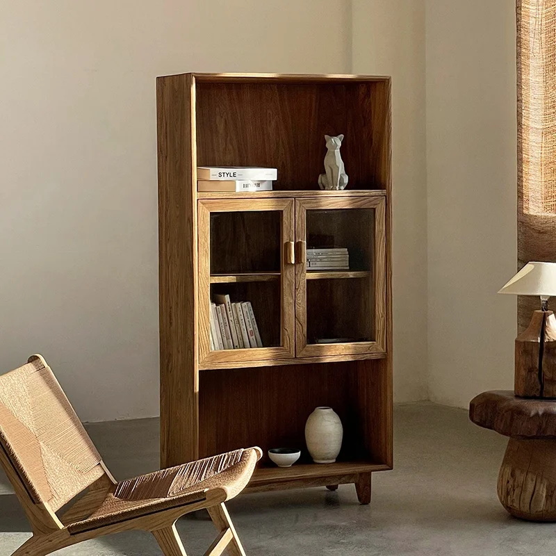 Modern Solid Wood Cabinet With Shaker Door Customizable/Wabi Sabi Furniture Multi Grid Glass Bookshelf Living Room High-quality