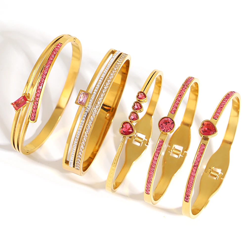 Greatera Pink Cubic Zircon Filled Stainless Steel Bracelet Heart Geometry Decoration Colorfast Women Bangle Valentine's Day Gift