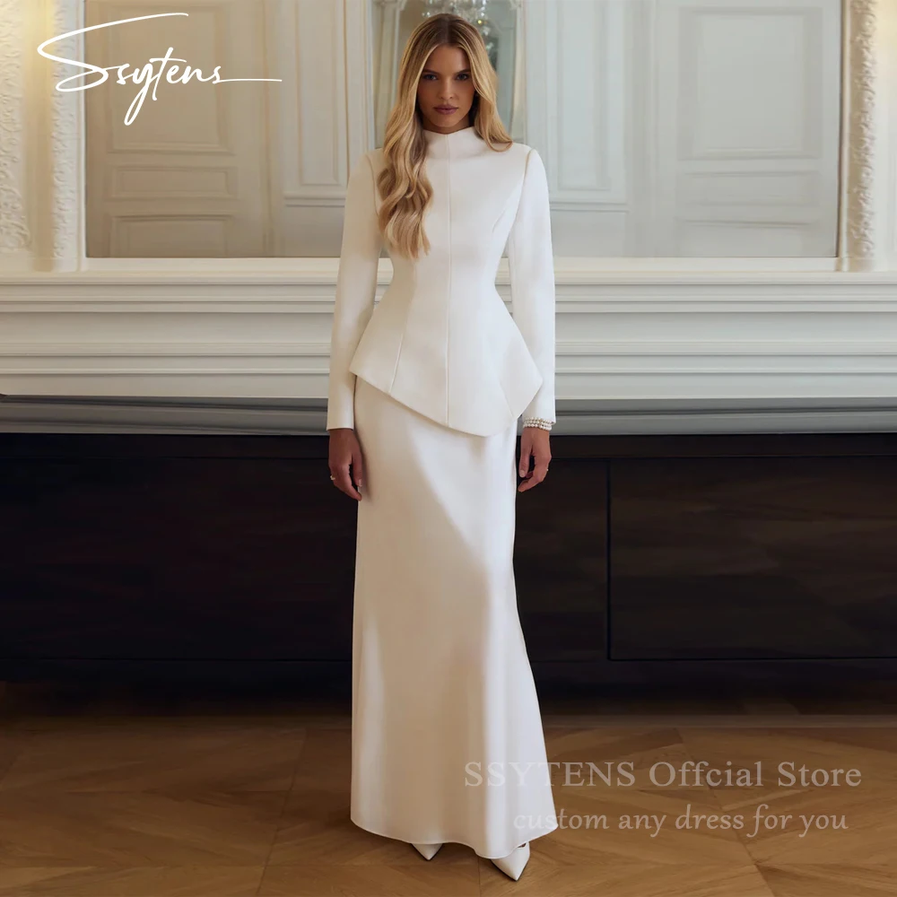 

SSYTENS Ivory High Neck Wedding Dresses 2026 Muslim Women Formal Party Dress Solid Satin Black Long Sleeve Bridal Gown Customize
