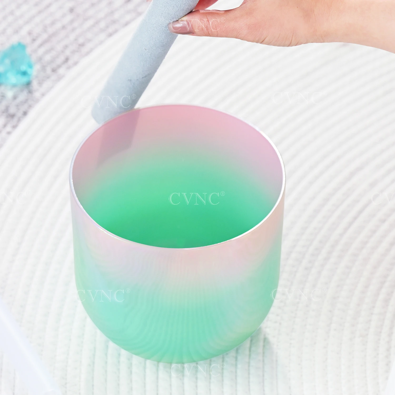 CVNC 7 Inch Dream Pink & Green Color Alchemy Clear Quartz Crystal Singing Bowl for Sound Healing and Therapy with Mallet