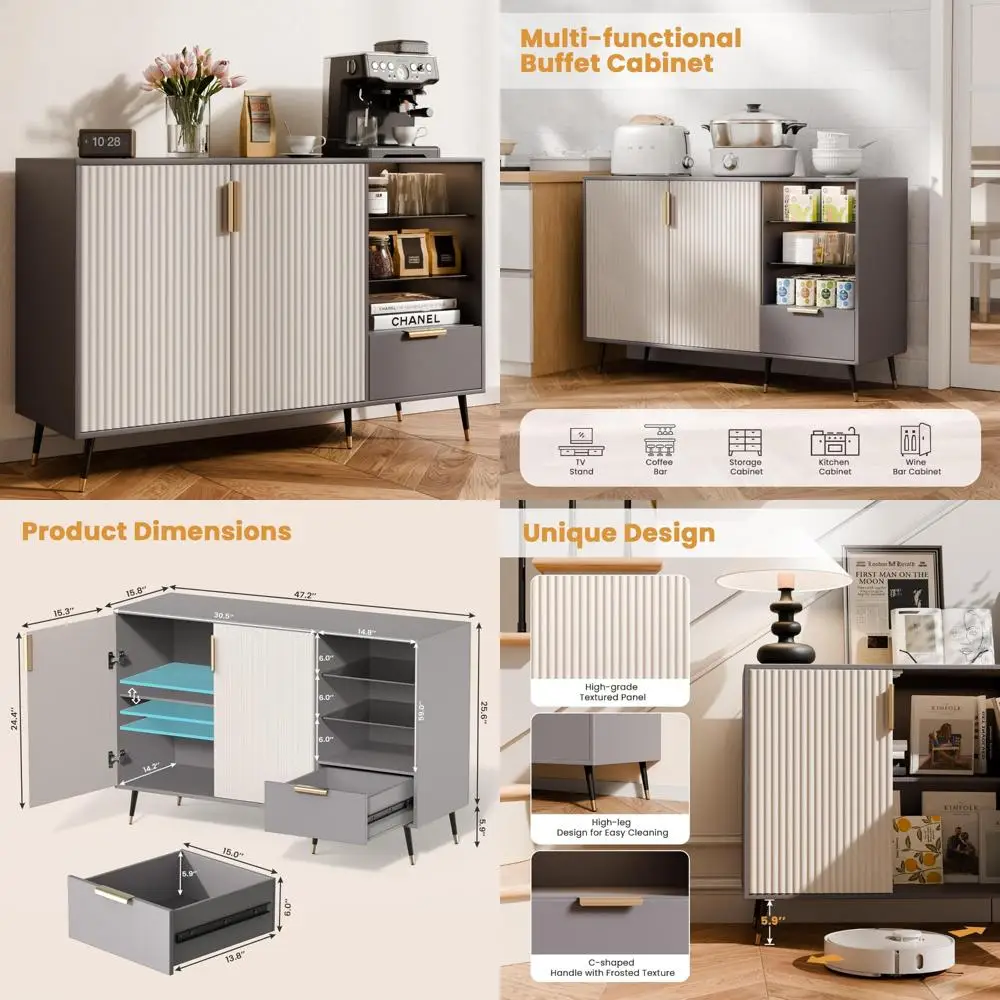 Wide Fluted Sideboard Cabinet with 2 Doors, Drawers, Kitchen Coffee Bar, Living Room Storage Buffet