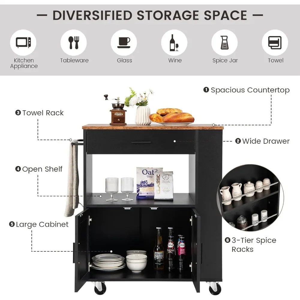 Storage Rack Trolley, Rolling Kitchen Cart with Spice Rack & Cabinets, Kitchen Serving Cart with Towel Rack & Lockable Casters