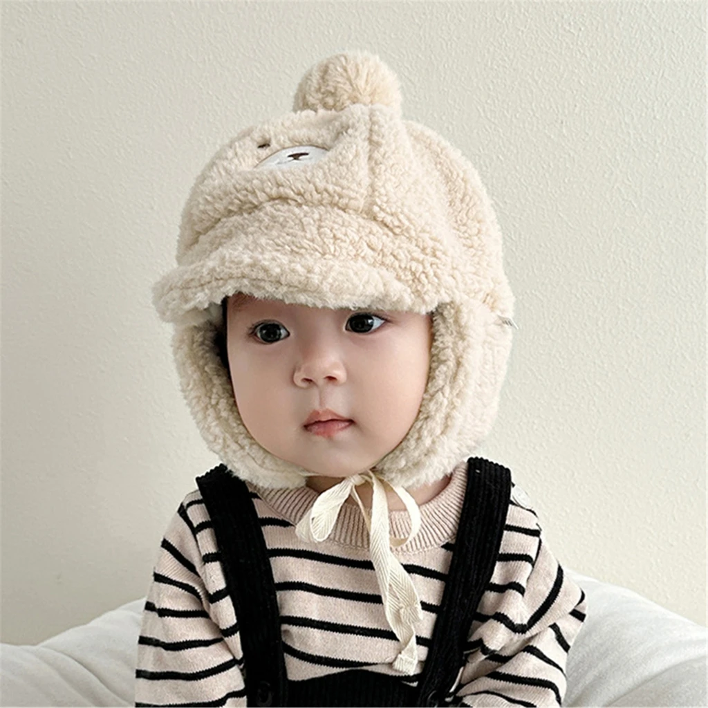 Cartoon Earflap Hat Cosy Plush Baby Leifeng Hat Warm Bonnet Caps with Chin Ties for Boys Girls Age 3 Months to 2 Years