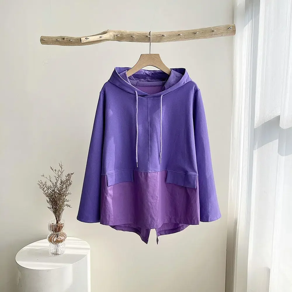 DIMANAF-sudaderas con capucha para mujer, jerséis de retales, Tops de gran tamaño, holgados, informales, de algodón liso, azul y morado, otoño