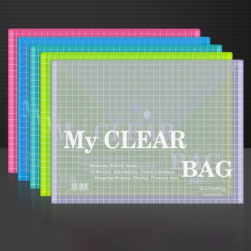 5 Colors 2mm Thick Color Student Folder Stationery Bag Button A4 File Bag Transparent Button Bag Plastic Storage Information Bag