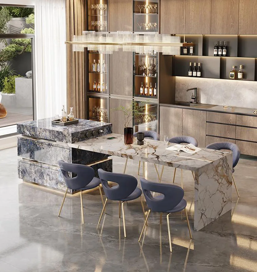 جزيرة مطبخ قابلة للتمديد من حجر الفيروز، مجموعة طاولة طعام وبار الإفطار، مقاومة للبقع ومتينة، تصميم عصري مخصص