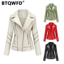 BTQWFD Motorcycle PU Leather Jackets Women Casual Biker Outwear Female Clothing Coats Fashion Winter Autumn 2024 New Long Sleeve