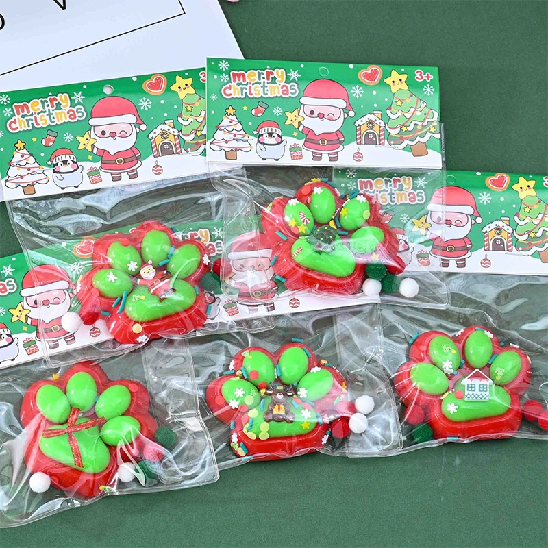 Red Green Christmas Series Soft Sticky Stress Relief Relax Toys Squeeze Christmas Cat Paw Toys Decompressing Cat Paw Toy Gift