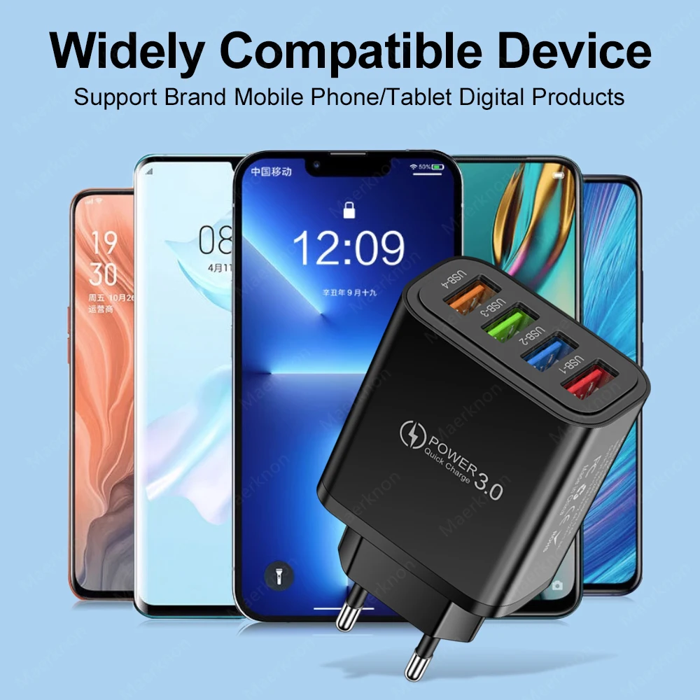 Cargador USB de 40W QC 3,0, adaptador de cargador de teléfono de carga rápida de 4 puertos para iPhone, Samsung, Xiaomi, Huawei 3.1A, cargador de pared con enchufe UE/EE. UU.