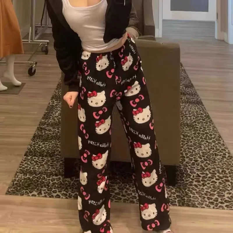 Halloween autumn and winter warm flannel sleeping pants female cute Hello Kitty loose student casual home pants walking pants view 3
