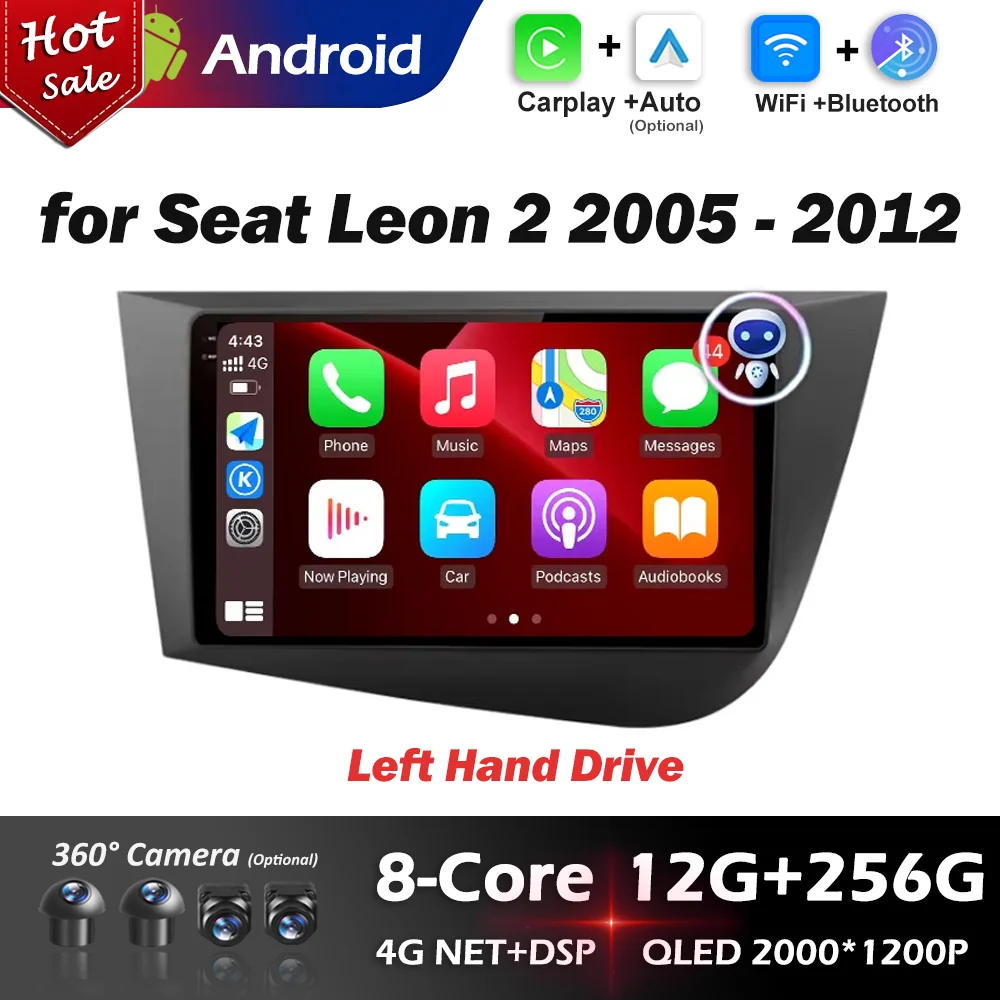 

Автомагнитола Android 16 с Carplay и GPS-навигацией для Seat Leon 2 (2005-2012) с левым рулем, без 2 DIN