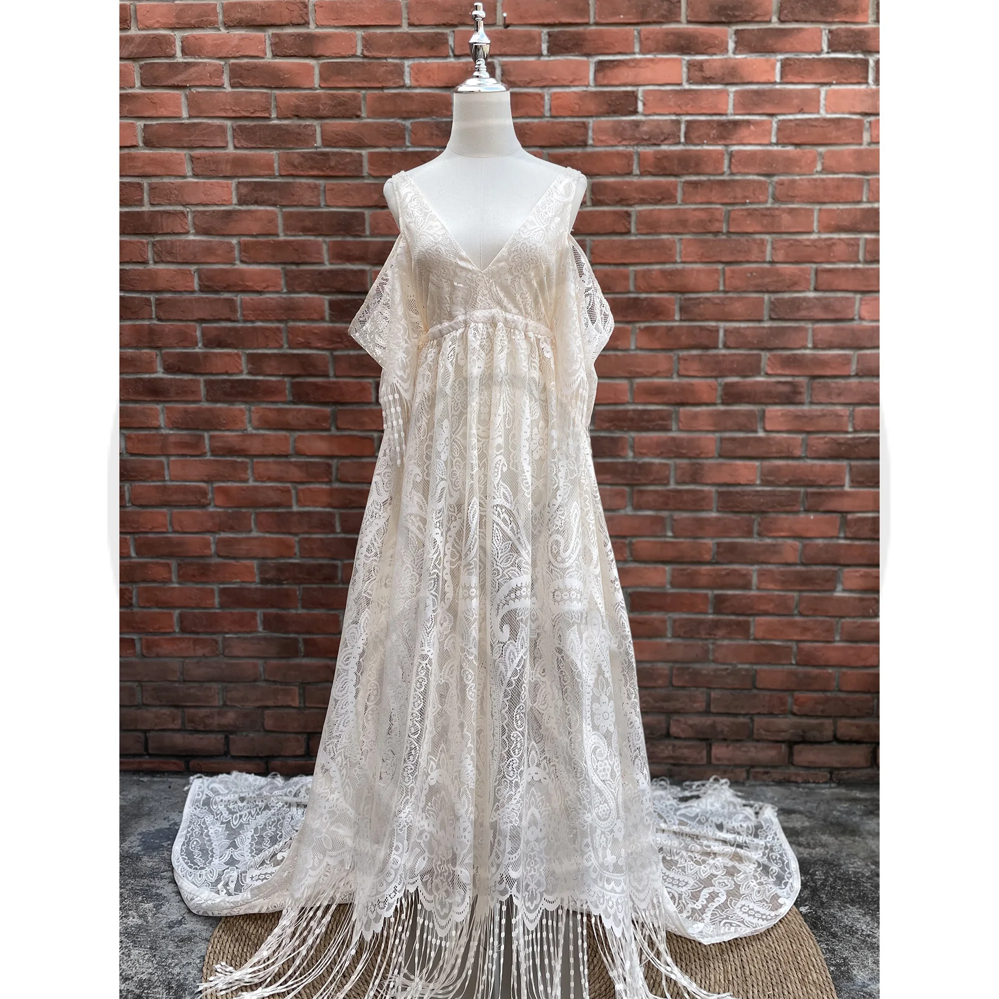 Don&Judy Boho Lace Maternity Photography Props Dresses Long Tassels Pregnancy Photo Shoot Bohemian Long Dress Sides Slit Party