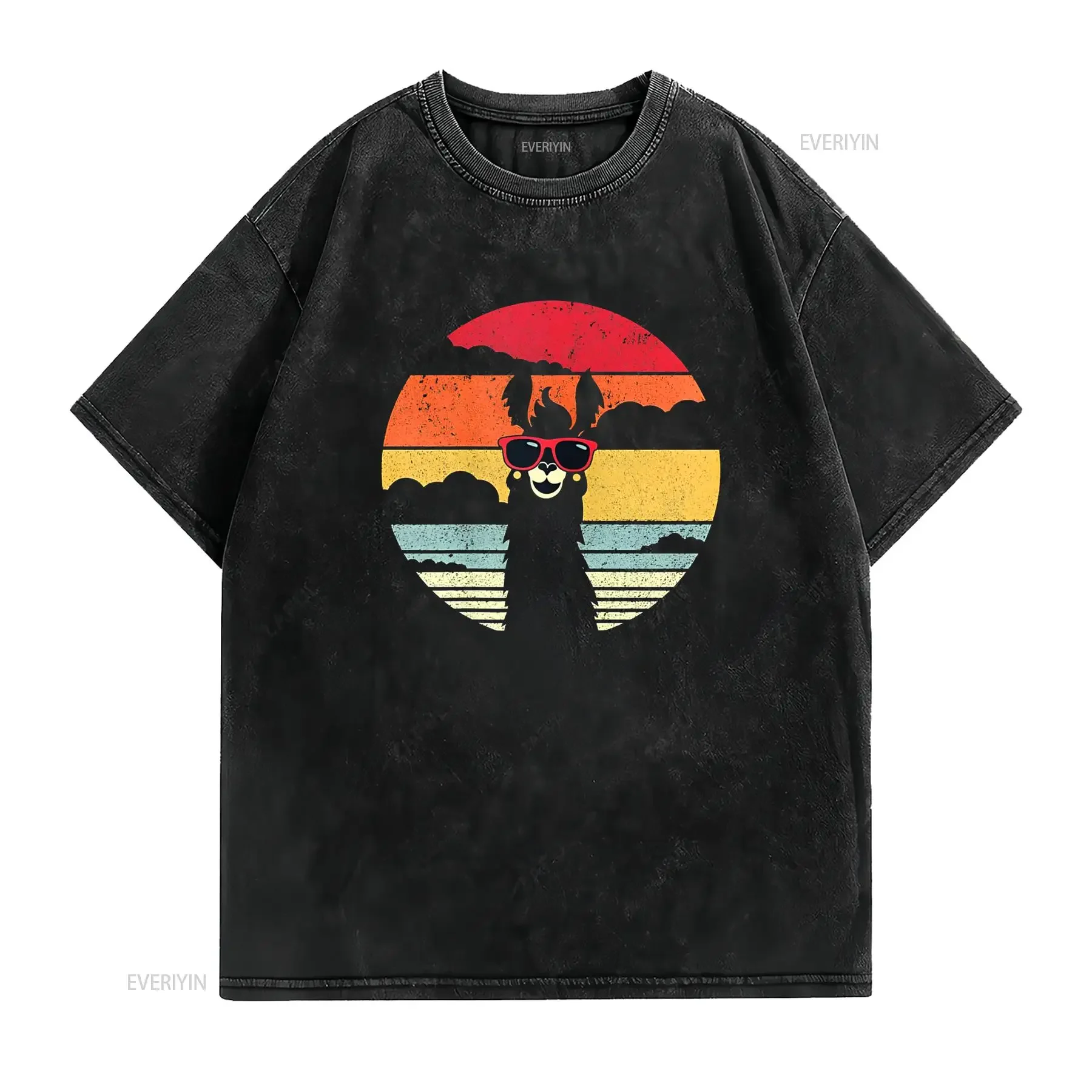 Women Llama Retro Style Alpaca  T Shirt vintage Washed Soft Top For Everyday Wear Casual Unisex homme graphic Slightly