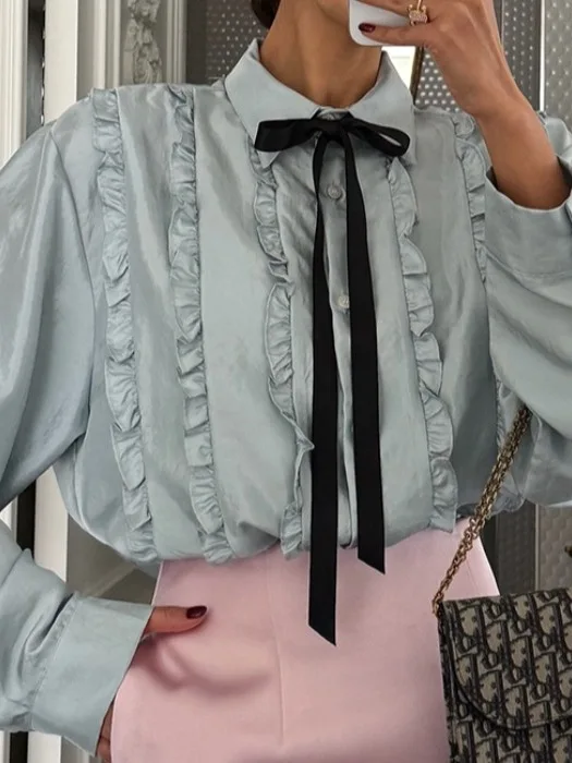 

Romantic Chic Women's Shirt Spring New Sweet Knot Tie Belt Straight Korean Style Long Sleeve Flip Collar Fashionable