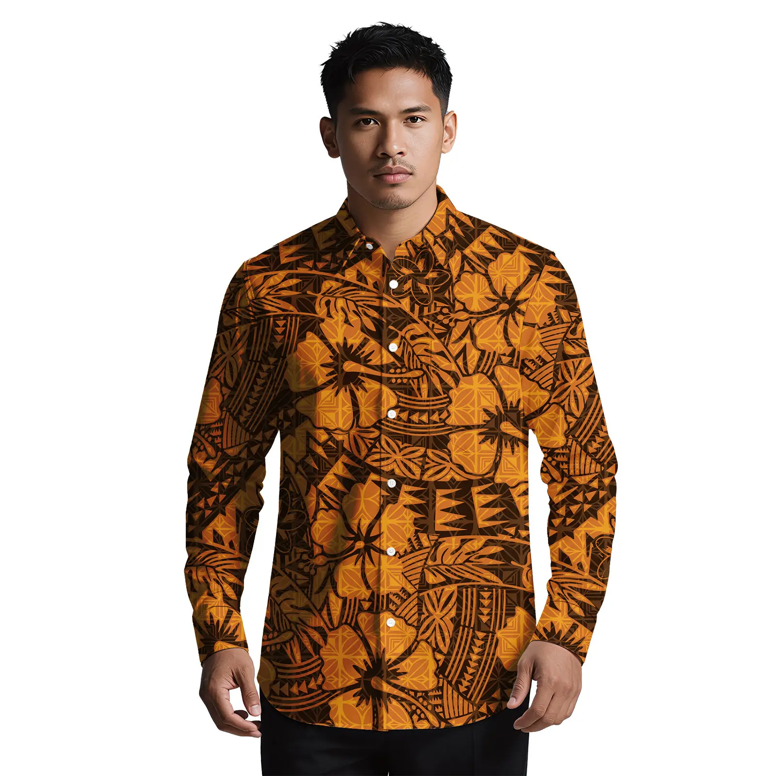 ساموا موضة جديدة مخصصة مريحة بدوره إلى أسفل طوق قميص طويل الأكمام ألوها قمصان البولينيزية القبلية تصميم قميص للرجال #2