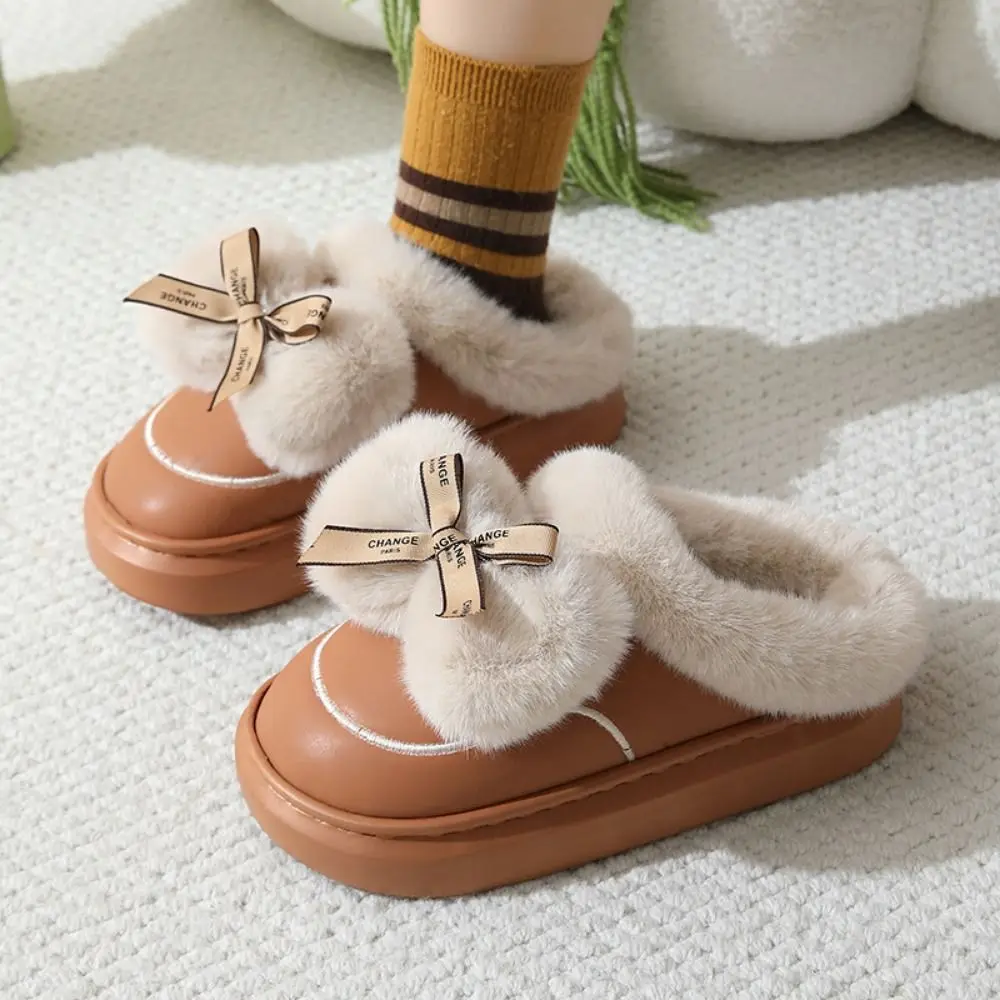 

Durable Waterproof Bows Cotton Slipper Anti Slip Thick Soled Warm Home Shoes Lightweight Flexible Cute Furry Slippers Indoor