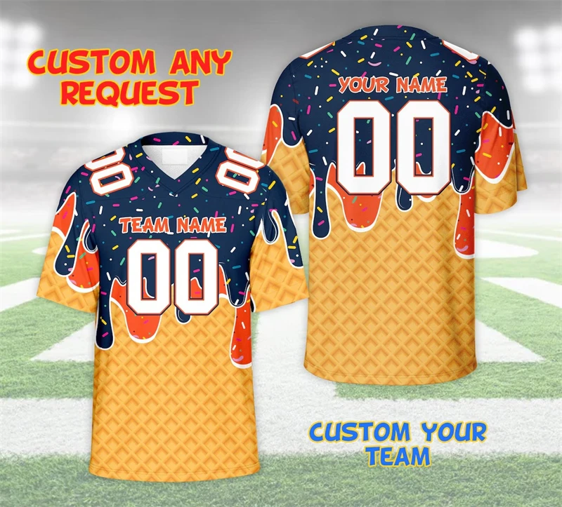 3D Print Funny Cosplay Ice Cream Pattern Football T-shirt V-neck Customized Name Number Personality Uniform Cool New Trend Tee view 5