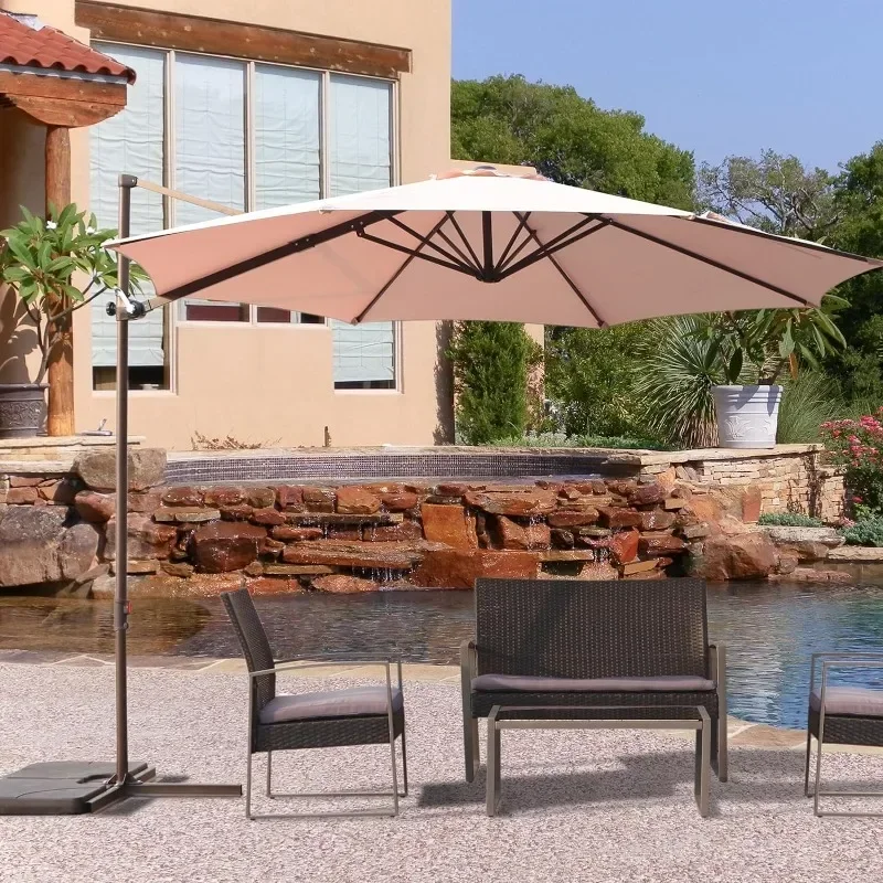 10Ft Patio Umbrella with Cross Base Included, Crank and Easy Tilt, 360° Rotation Outdoor Cantilever Offset Umbrella