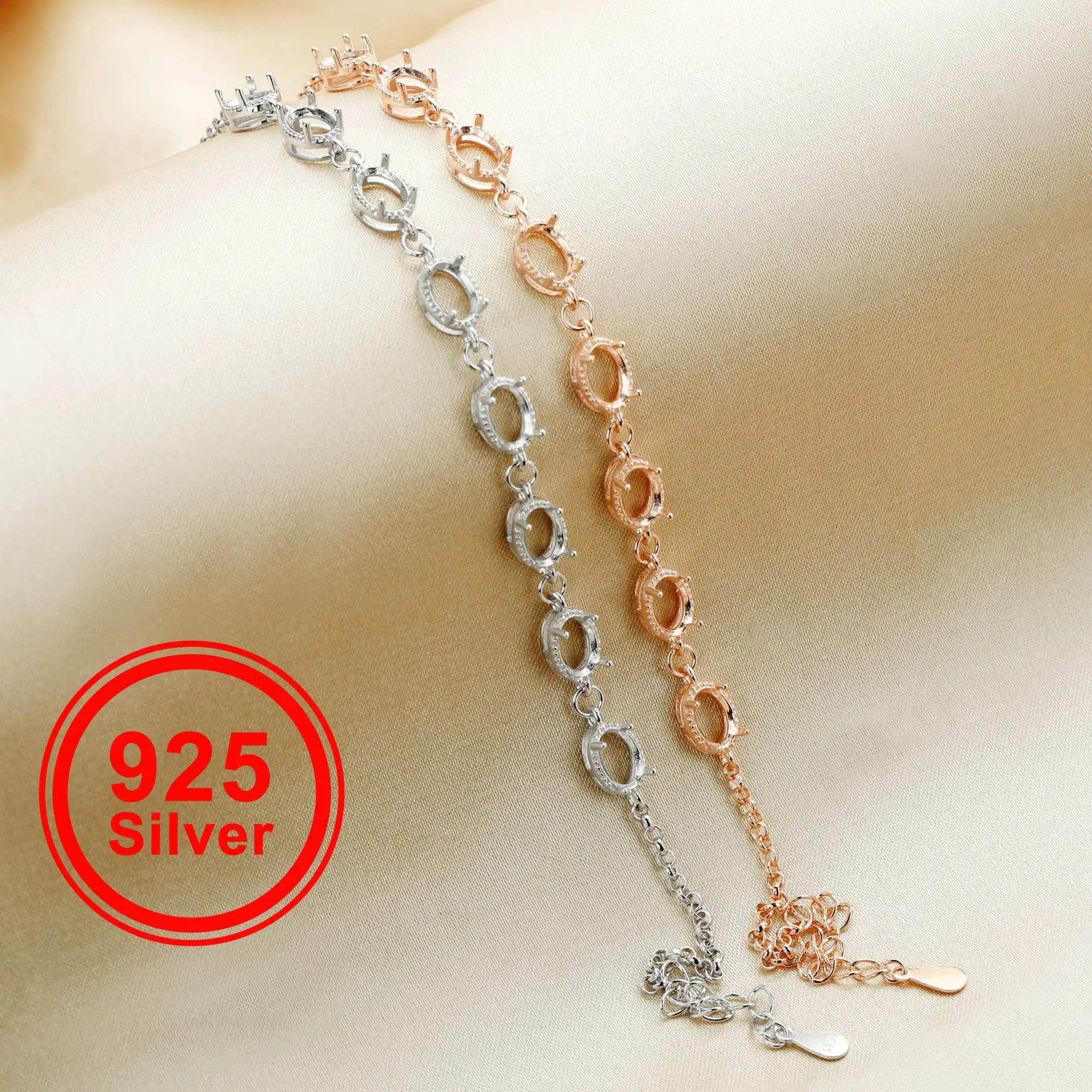 

4x6MM 8 Stone Oval Prong Bracelet Bezel Settings,Solid 925 Sterling Silver Rose Gold Plated Bezel With Chain 5.9''+1.18' 1900275