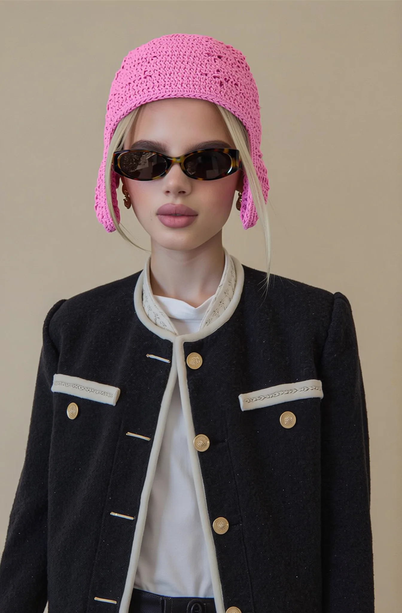 Large-headed thin-framed solid-colored knitted hat that makes the face appear smaller and protects the ears