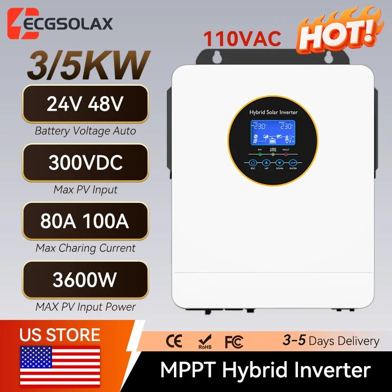 ECGSOLAX 3KW Hybrid Solar Inverter 24V 110V/120V With MPPT 120A Charge Controller Pure Sine Wave Hybrid Inverter Max PV 500VDC