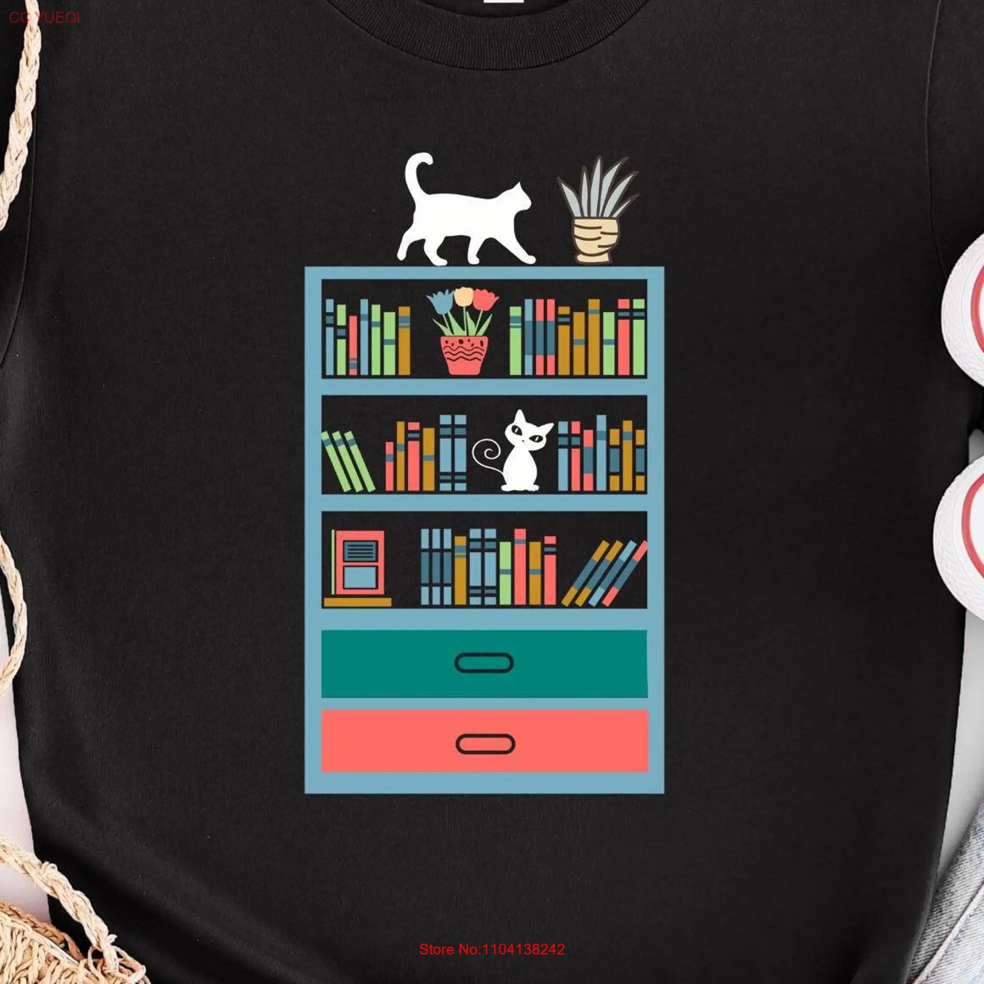 Cute Bookshelf Cat T Shirt Reading Book For Her Mom Lover long or short sleeves