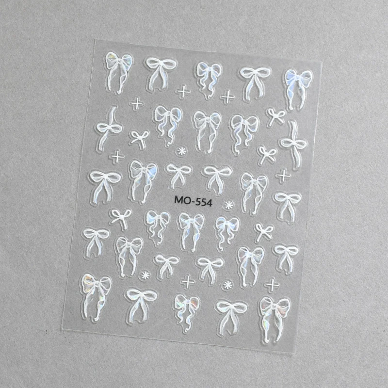 3D 흰색 Bowknot 양각 부조 자기 접착 네일 아트 스티커 여름 네일 아트 데칼 장식 DIY 귀여운 매니큐어 액세서리