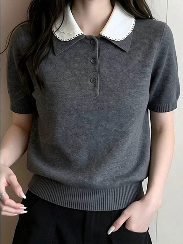 

Gray Collared Short Sleeve T-Shirt Women's Summer New Korean Style Lazy Fashion Knitted Top Versatile Casual Loose Fit Breath...