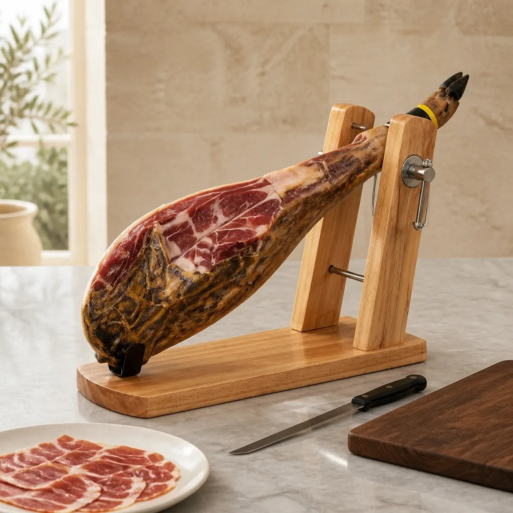 Fotografia 5: Suporte para presunto em madeira de pinho e aço inoxidável, com estrutura de braços duplos, para presuntos ibéricos e serranos. Base estável de 44,5 x 22,5 cm, ideal para cortes profissionais em casa.