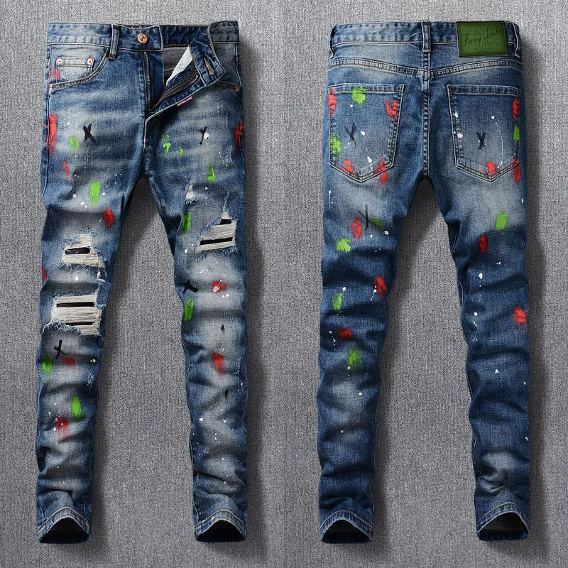 

Street Fashion Men Jeans Retro Blue Elastic Slim Ripped Jeans Men Vintage Hole Trousers Painted Designer Hip Hop Pants Hombre