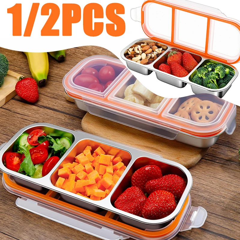

1/2PCS Stainless Steel Snack Box Container With Lid 3 Compartment Reusable Fruit Storage Box Leakproof Lunch Box for School Home