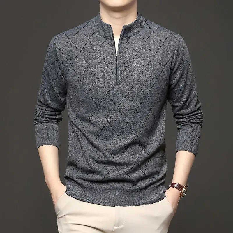 سترة رجالية سميكة ذات ياقة مدورة خفيفة فاخرة وسحاب محبوك في منتصف العمر سترة محبوكة #2