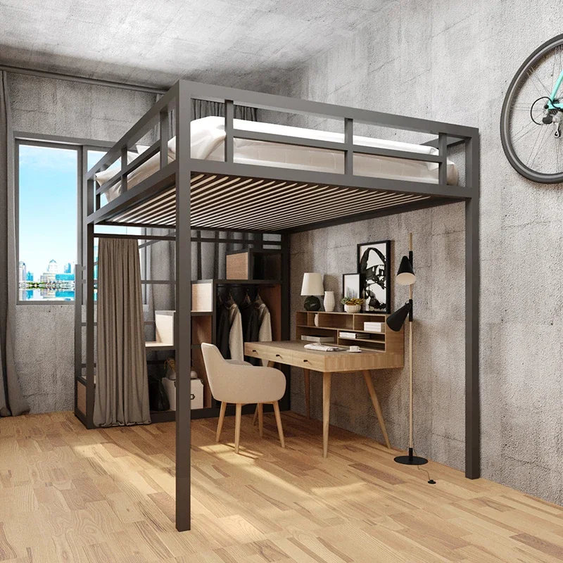 Adult Suspended Bed Double-Decked Second Floor Wrought Iron Loft Elevated Upper Bed    Desk.