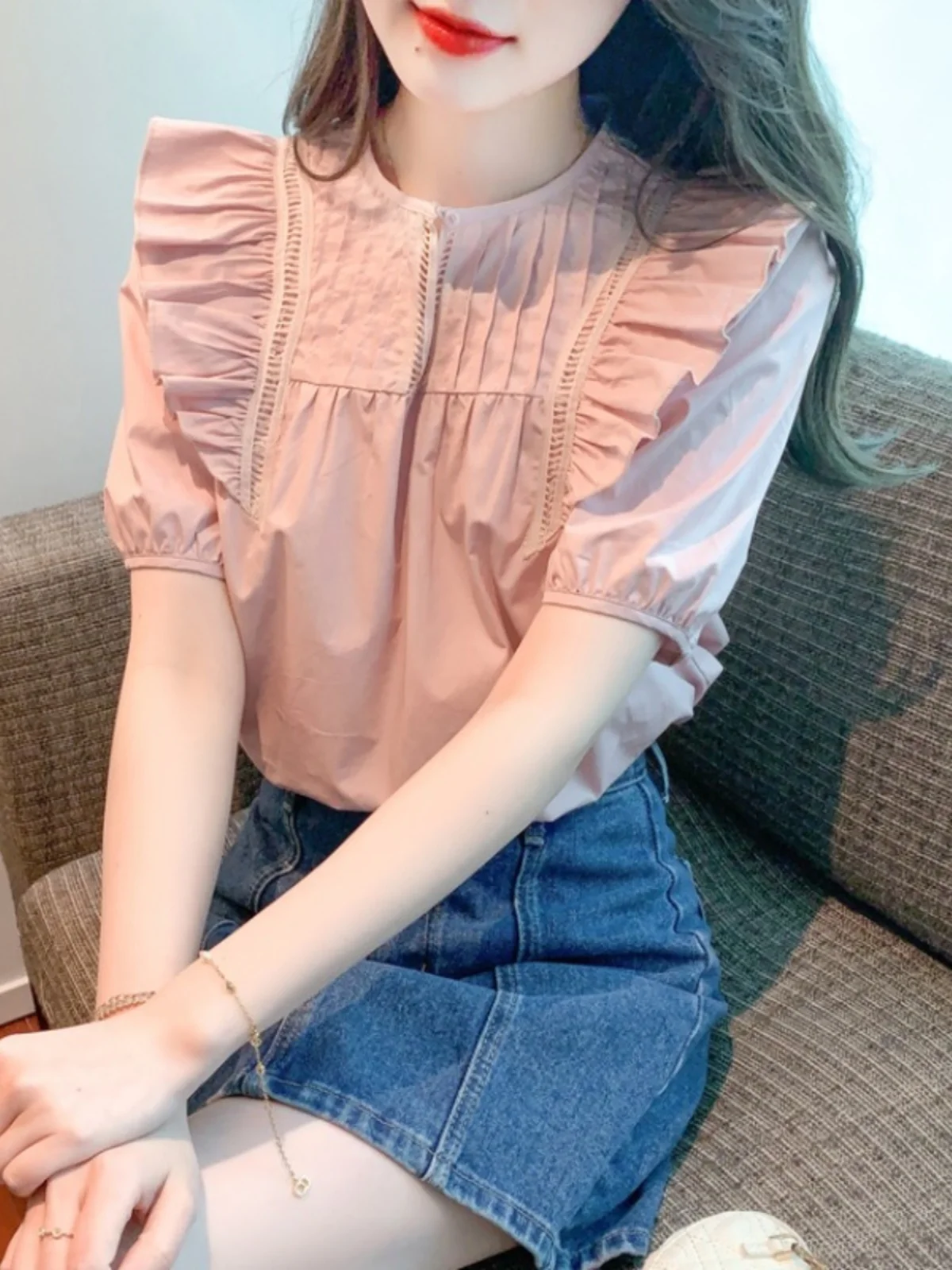 

Ретро-топ из розового шифона в стиле Court Sle для женщин, летняя новинка, с короткими рукавами-фонариками, милый топ с круглым вырезом, ультракороткая длина